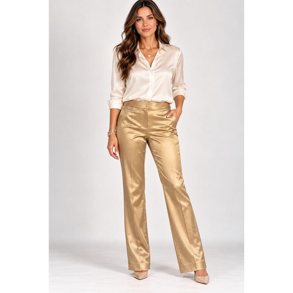 Behar New York NWT Women's 14 Gold Satin Pants Straight Leg Metallic 33" Inseam